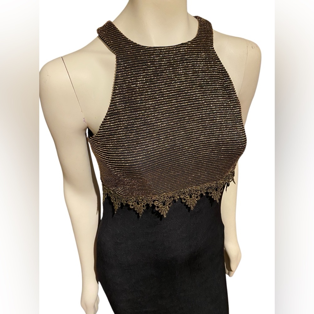 Vtg All That Jazz Dress Vintage 90s Black And Gold Liquid Knit Bodycon Maxi 9/10 - Picture 4 of 7